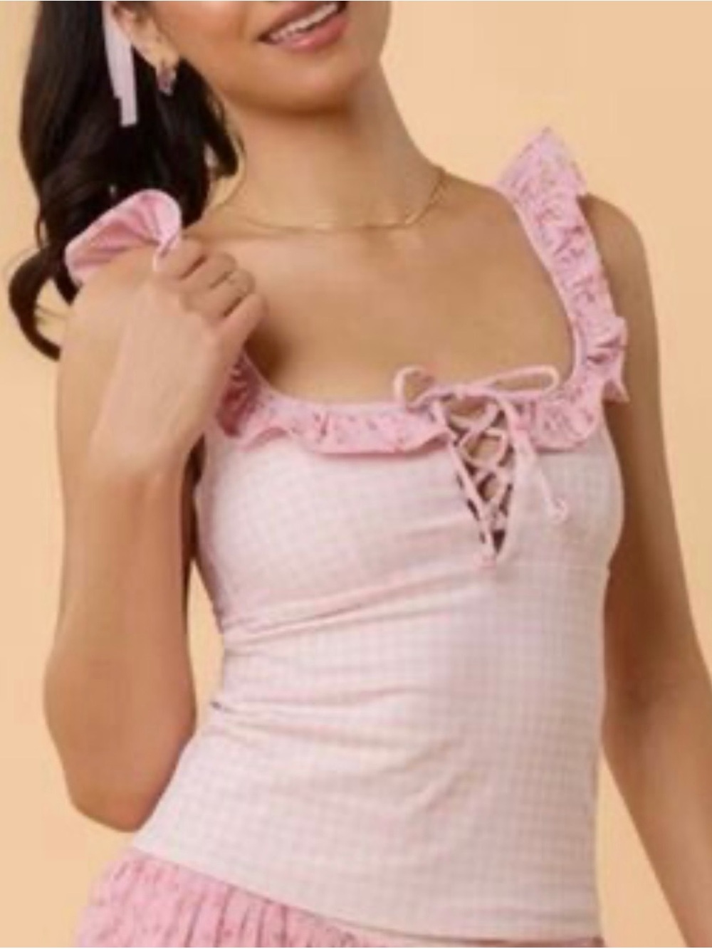 Blogilates Ruffled Lace-Up Tank Top in Pink Gingham NWT Size M